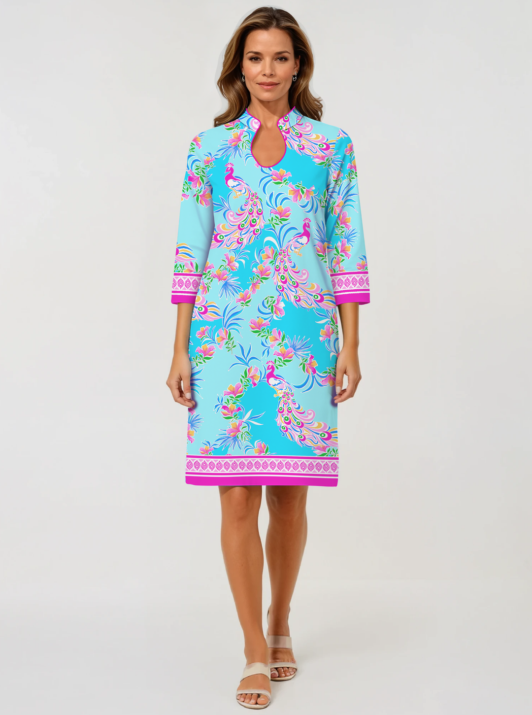 Preciosa Print Cotton Knit 3/4 Slit Sleeve Horseshoe Neck Dress (Slim Fit)