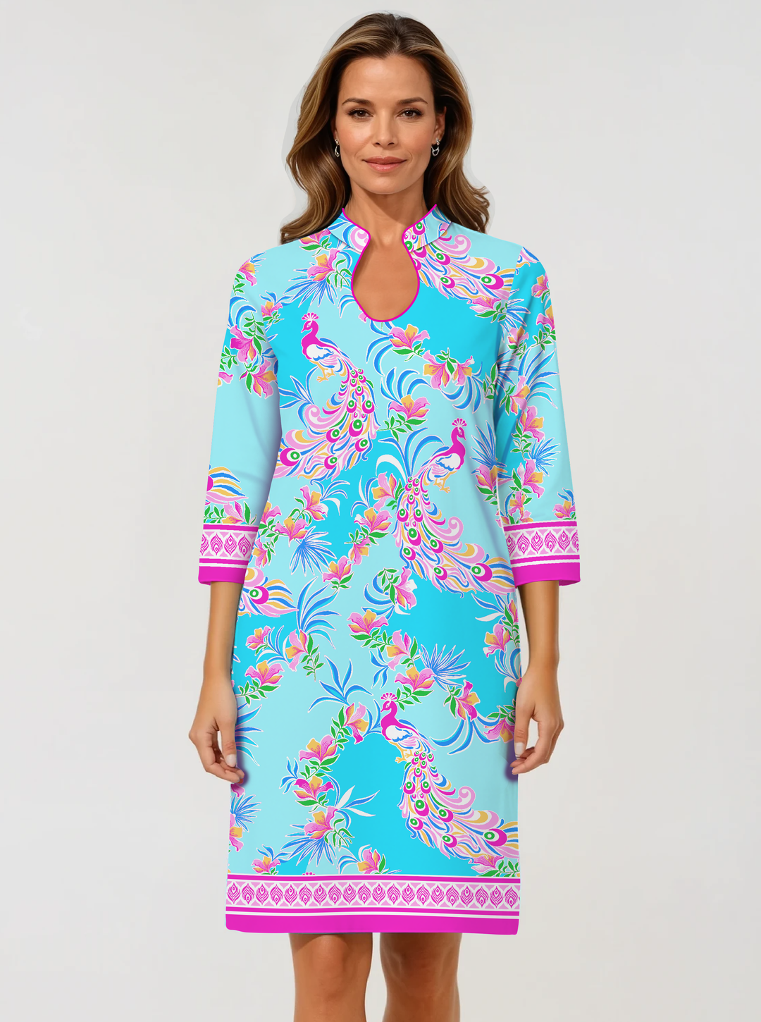 Preciosa Print Cotton Knit 3/4 Slit Sleeve Horseshoe Neck Dress (Slim Fit)