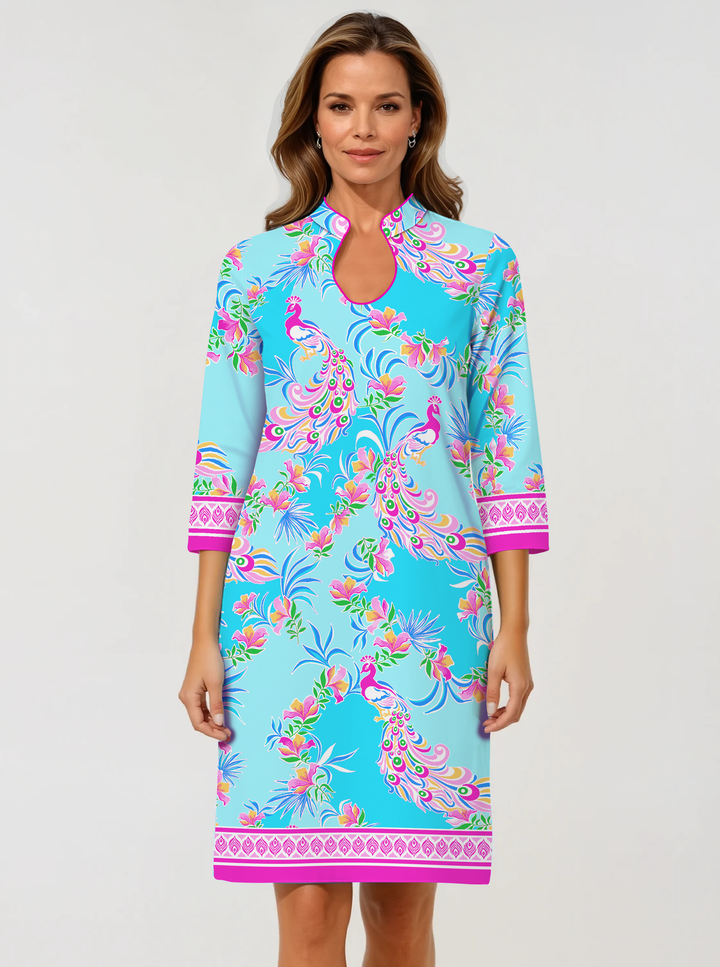 Preciosa Print Cotton Knit 3/4 Slit Sleeve Horseshoe Neck Dress (Slim Fit)