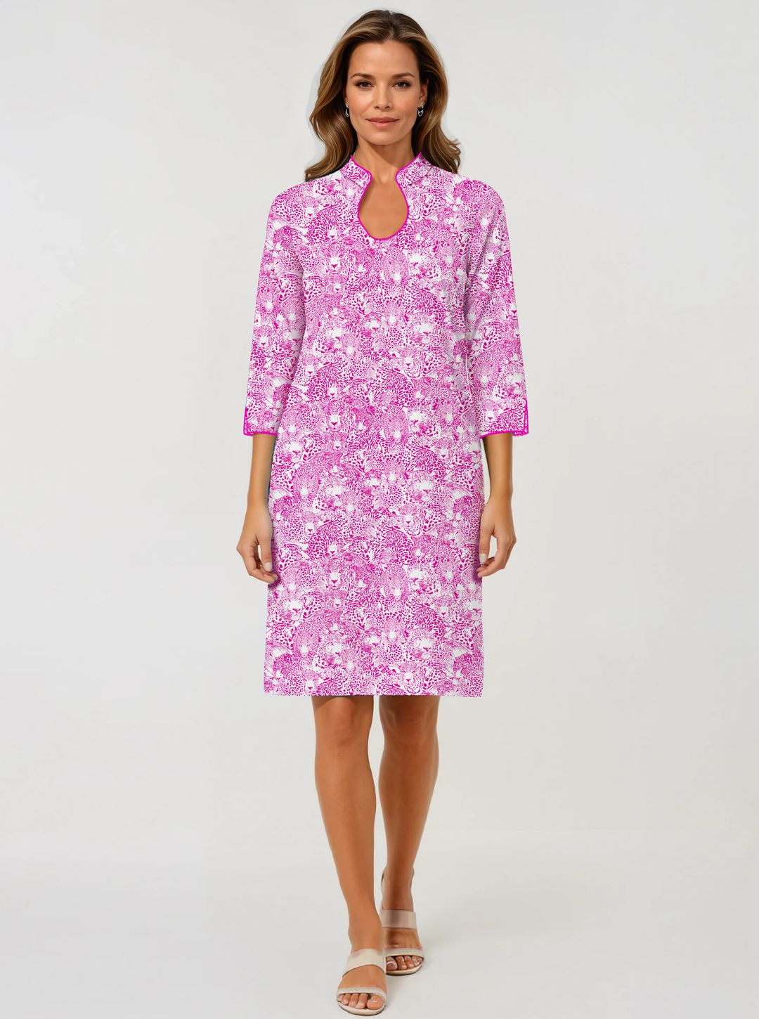 Wild side Print Cotton Knit 3/4 Slit Sleeve Horseshoe Neck Dress (Slim Fit)