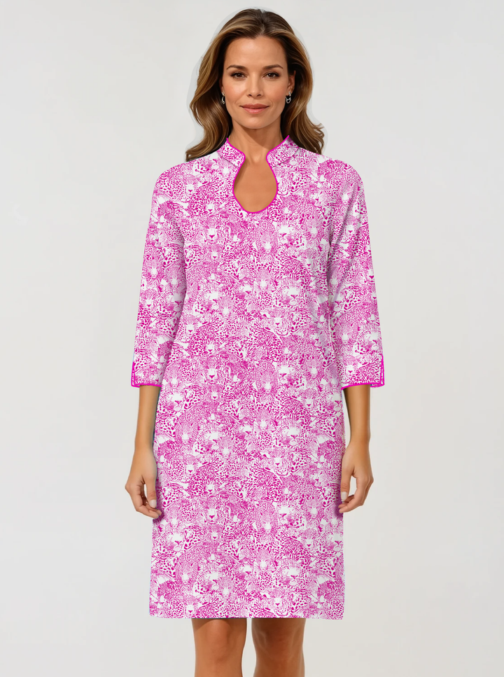 Wild side Print Cotton Knit 3/4 Slit Sleeve Horseshoe Neck Dress (Slim Fit)