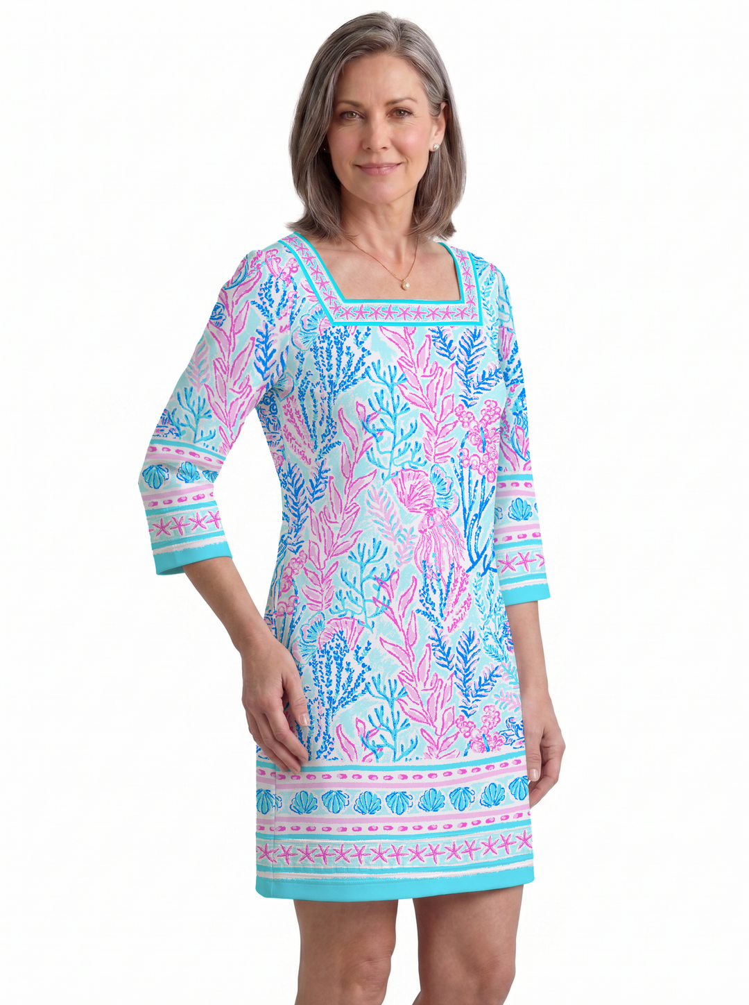Deep Sea Print Cotton Knit 3/4 Sleeve Square Neck Dress (Regular Fit)
