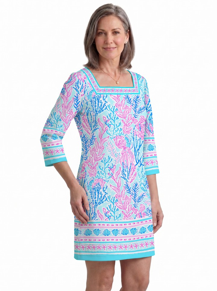 Deep Sea Print Cotton Knit 3/4 Sleeve Square Neck Dress (Regular Fit)