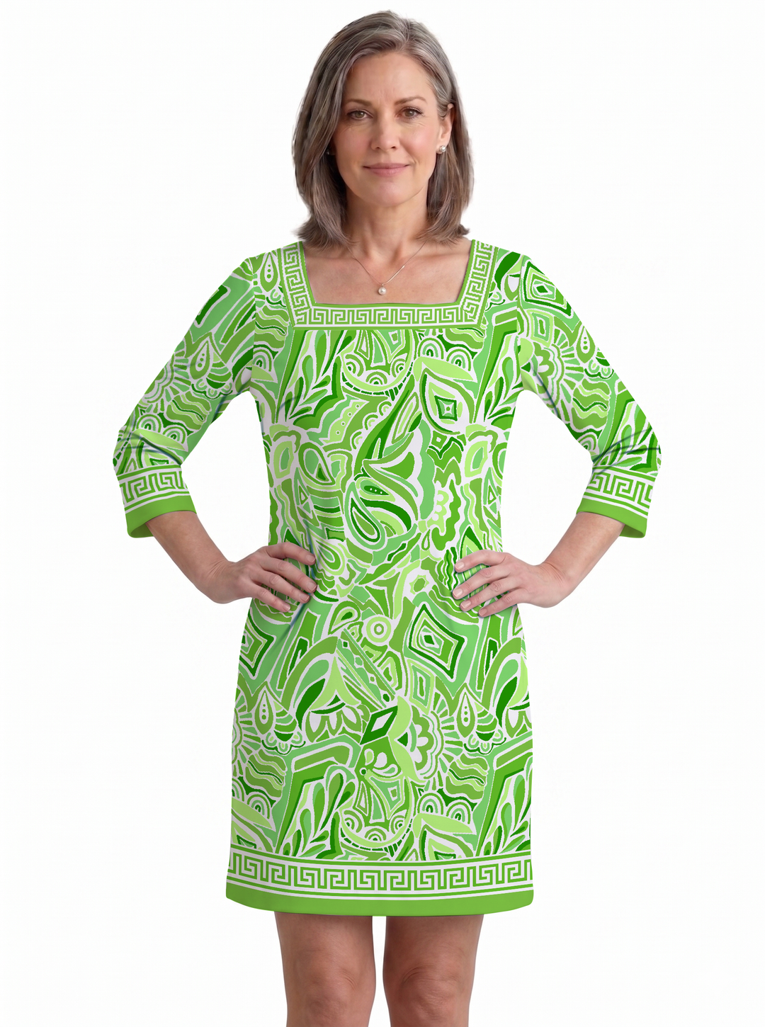 Historia Print Cotton Knit 3/4 Sleeve Square Neck Dress (Regular Fit)