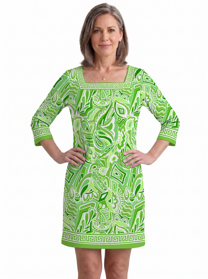 Historia Print Cotton Knit 3/4 Sleeve Square Neck Dress (Regular Fit)
