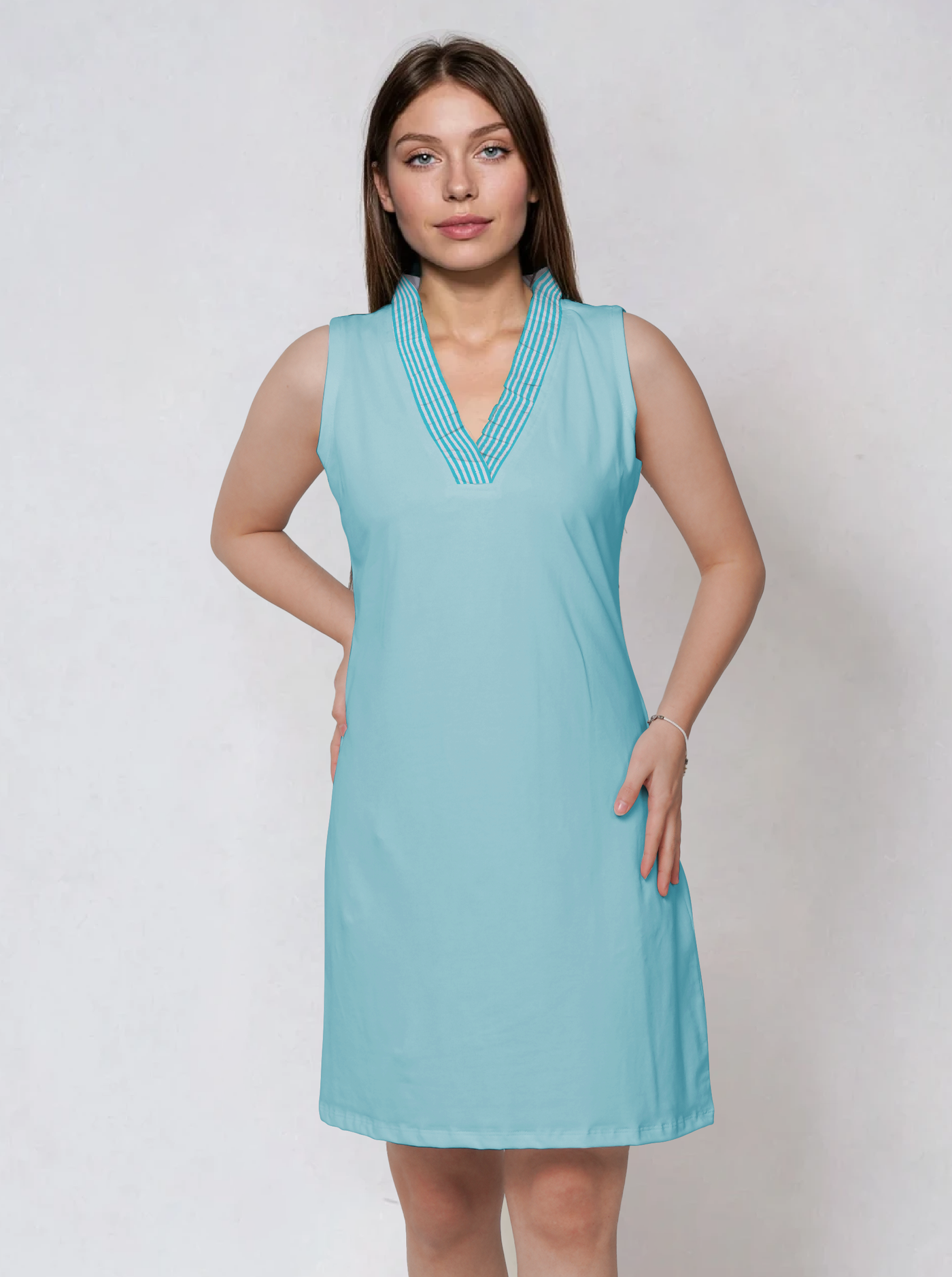 Sleeveless Ruffle Portrait Neck Poly Dress