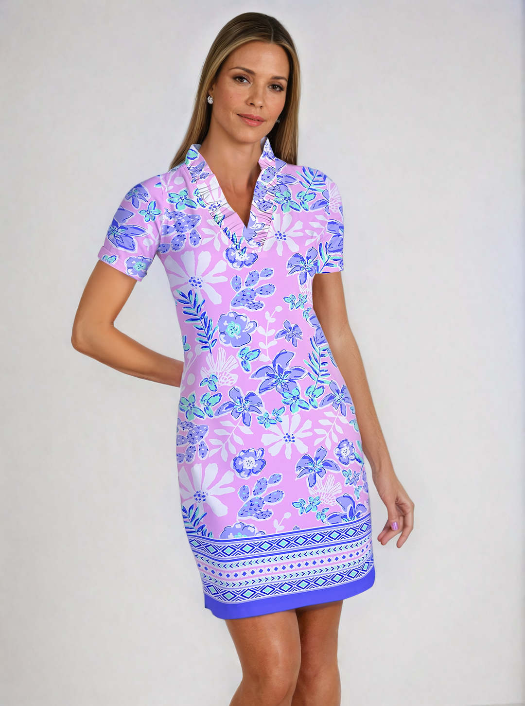 Paradise Island Print Cotton Knit Half Sleeve Ruffle Portrait Neck Dress (Regular Fit)