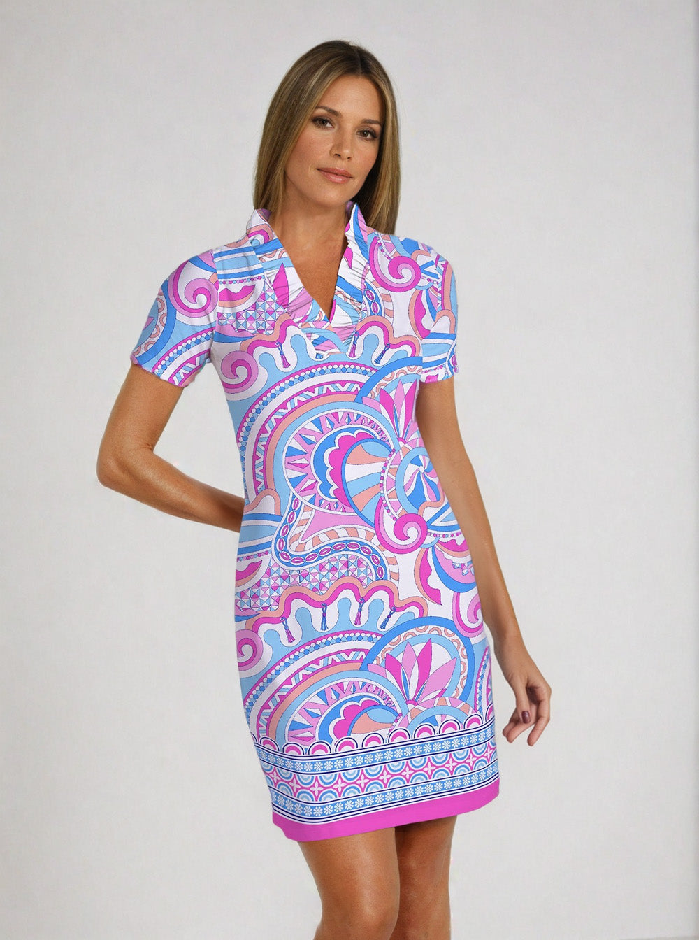 Mind Game Print Cotton Knit Half Sleeve Ruffle Portrait Neck Dress