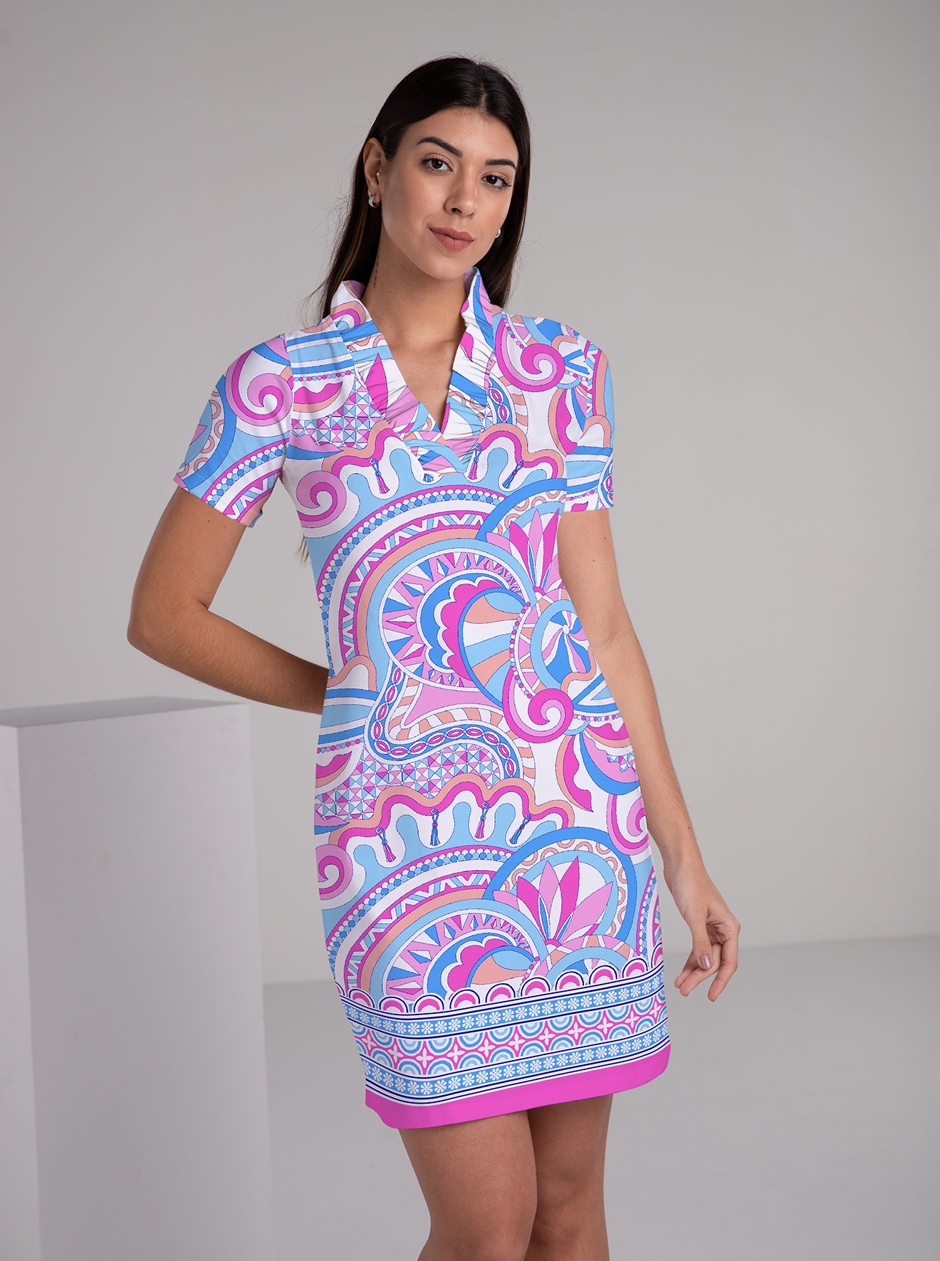 Mind Game Print Cotton Knit Half Sleeve Ruffle Portrait Neck Dress