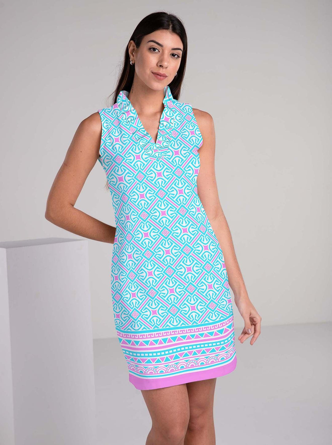 Nuetella Print Cotton Knit Sleeveless Ruffle Portrait Neck Dress - Rezobay