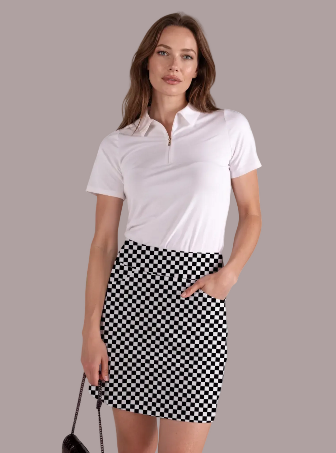 Checkered Print Cotton Knit Stretch Skort W/Pockets