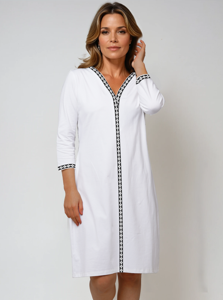 Solid Cotton Knit 3/4 Sleeve V-Neck Placket Dress (Regular Fit)