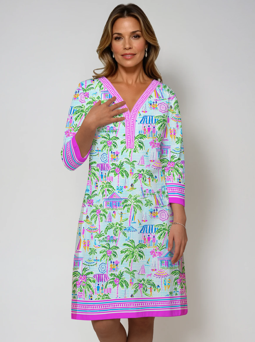 Lifestyle Print Cotton Knit 3/4 Sleeve V-Neck Placket Dress (Regular Fit)