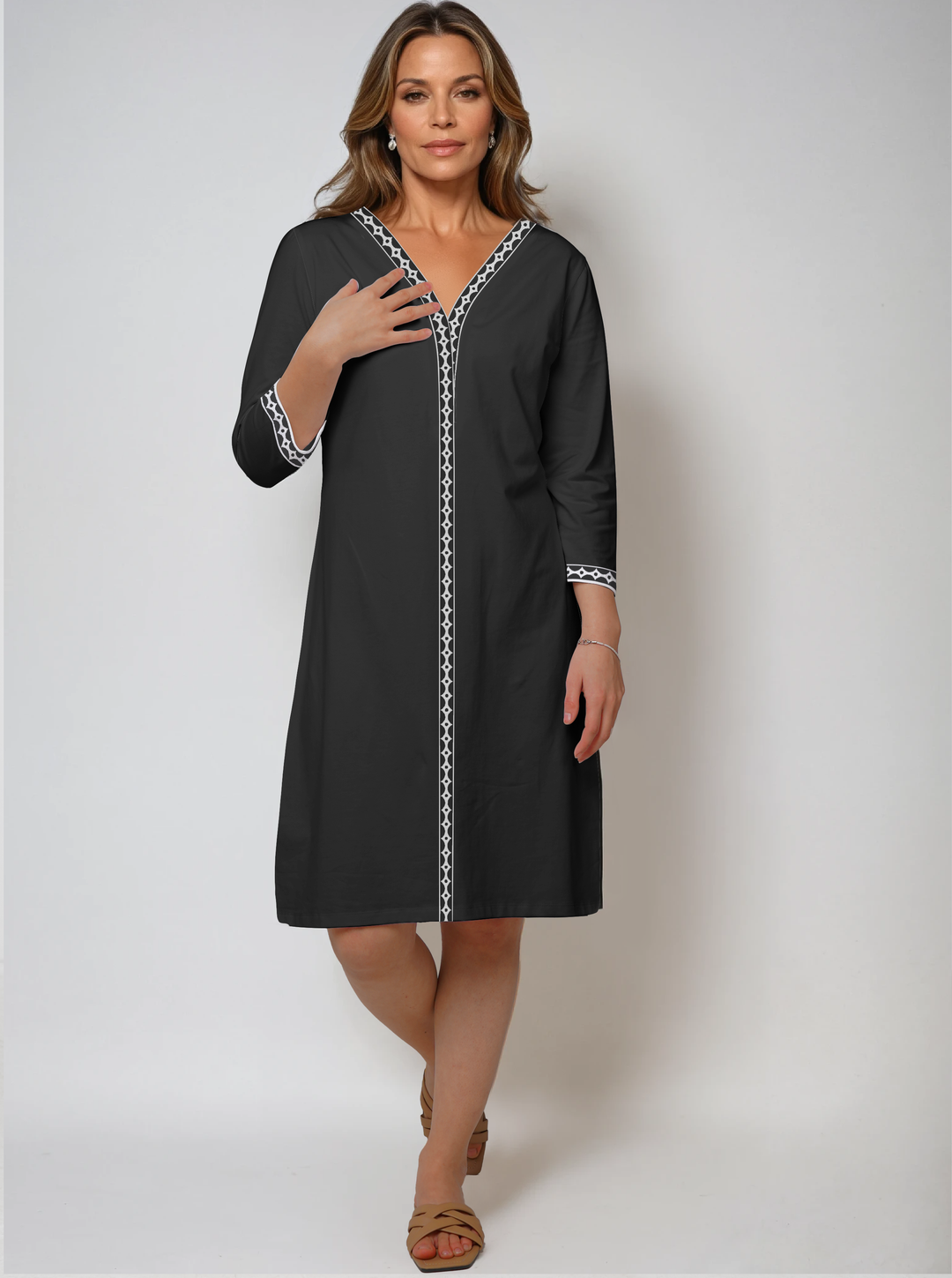 Solid Cotton Knit 3/4 Sleeve V-Neck Placket Dress (Regular Fit)