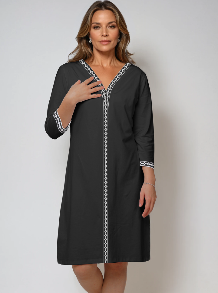 Solid Cotton Knit 3/4 Sleeve V-Neck Placket Dress (Regular Fit)