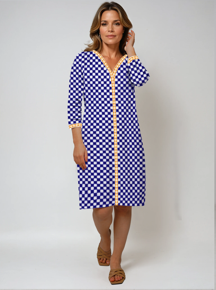 Checkboard Cotton Knit 3/4 Sleeve V-Neck Placket Dress (Regular Fit)