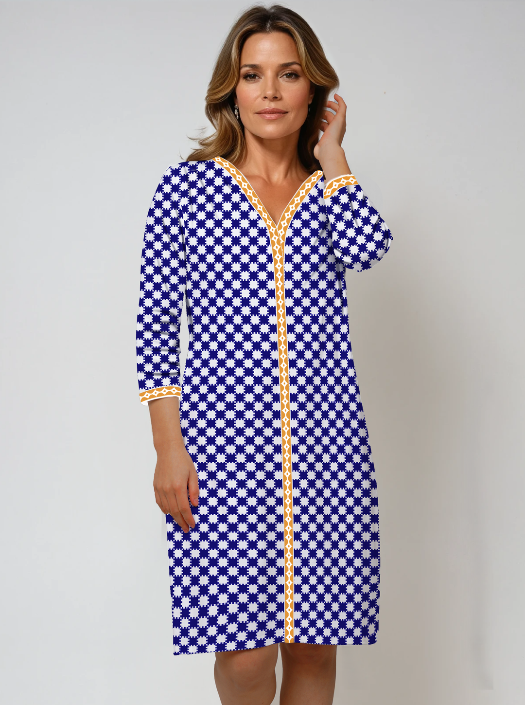 Checkboard Cotton Knit 3/4 Sleeve V-Neck Placket Dress (Regular Fit)