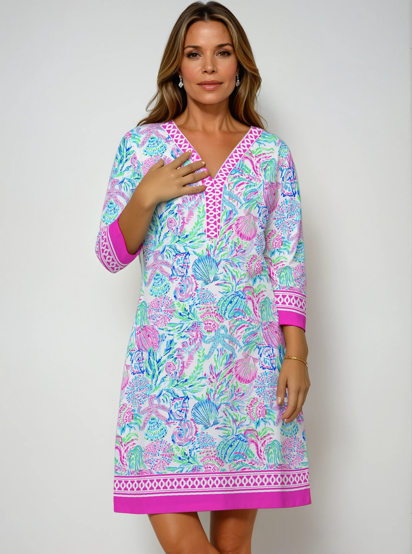 Bimini Reef Print Cotton Knit 3/4 Sleeve V-Neck Placket Dress