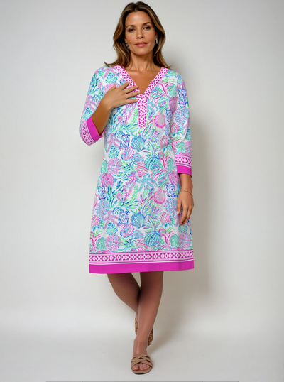 Bimini Reef Print Cotton Knit 3/4 Sleeve V-Neck Placket Dress