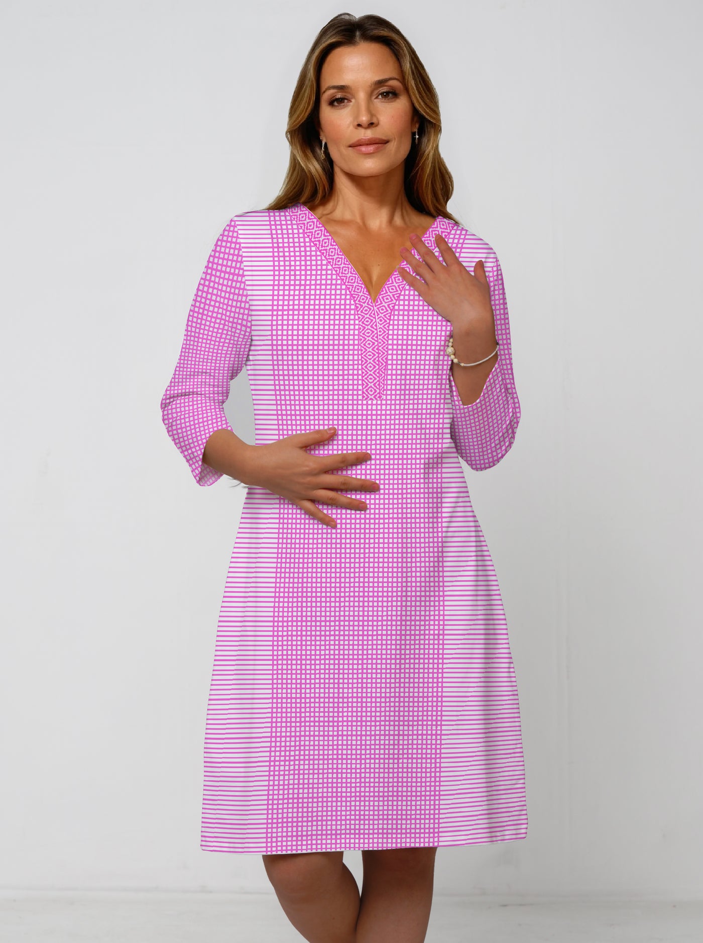 Verona Check Print Cotton Knit 3/4 Sleeve V-Neck Placket Dress