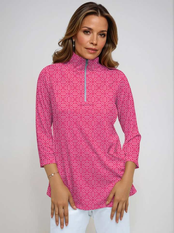 Rattan Printed Zippered Mock Collar Full Neck Poly Monochrome Top