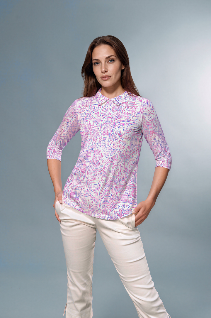 On the Dot Printed 3/4 Sleeve Zip Polo Neck Poly Top