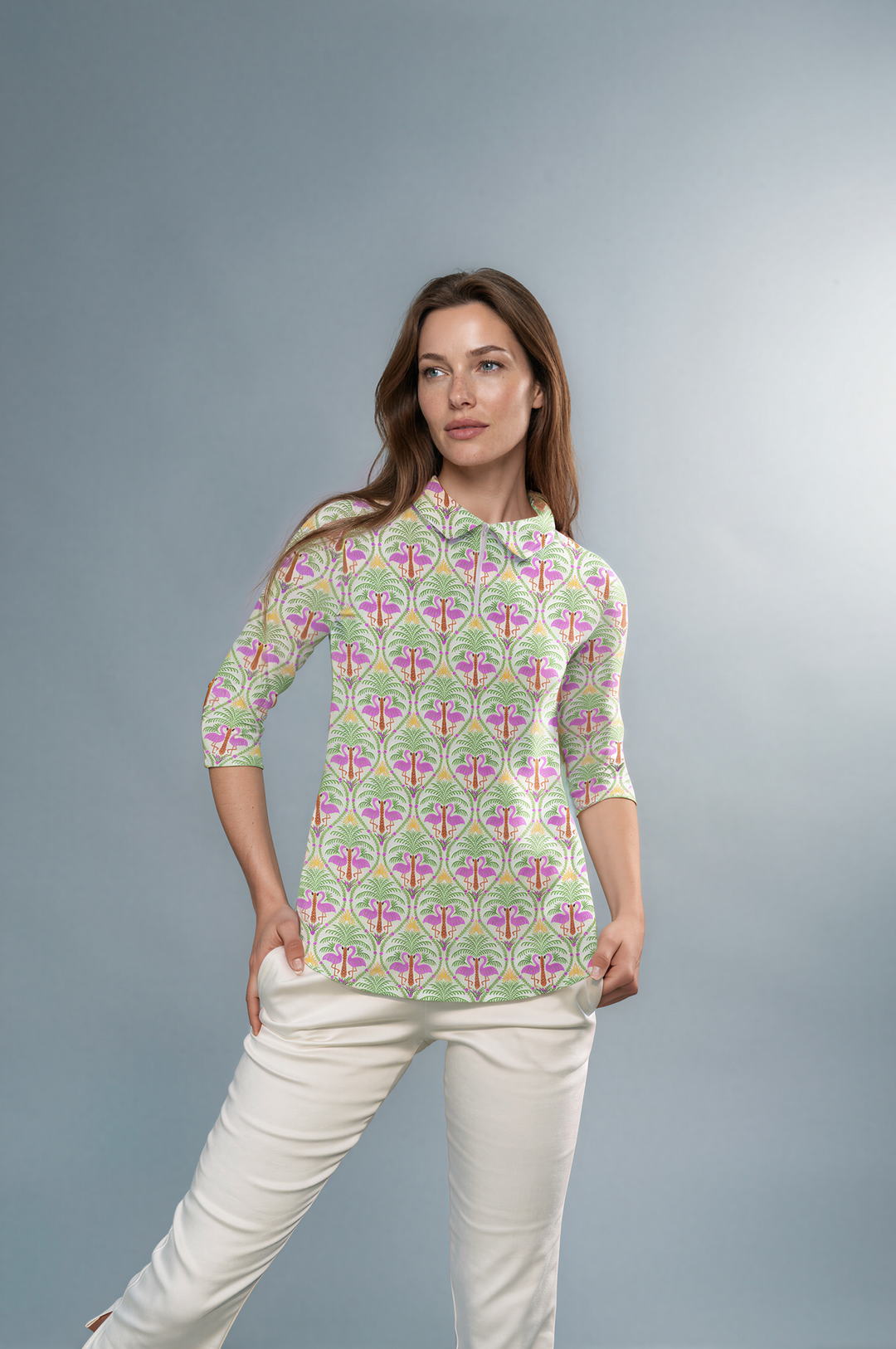 Flamingo Palm Printed 3/4 Sleeve Zip Polo Neck Poly Top