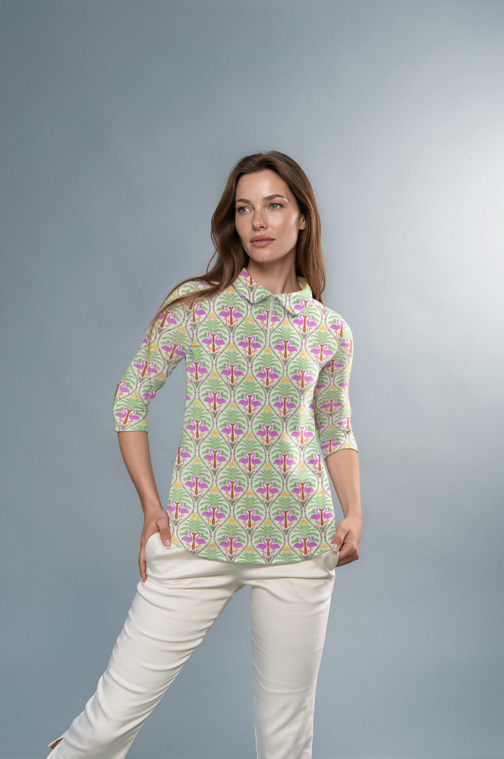 Flamingo Palm Printed 3/4 Sleeve Zip Polo Neck Poly Top