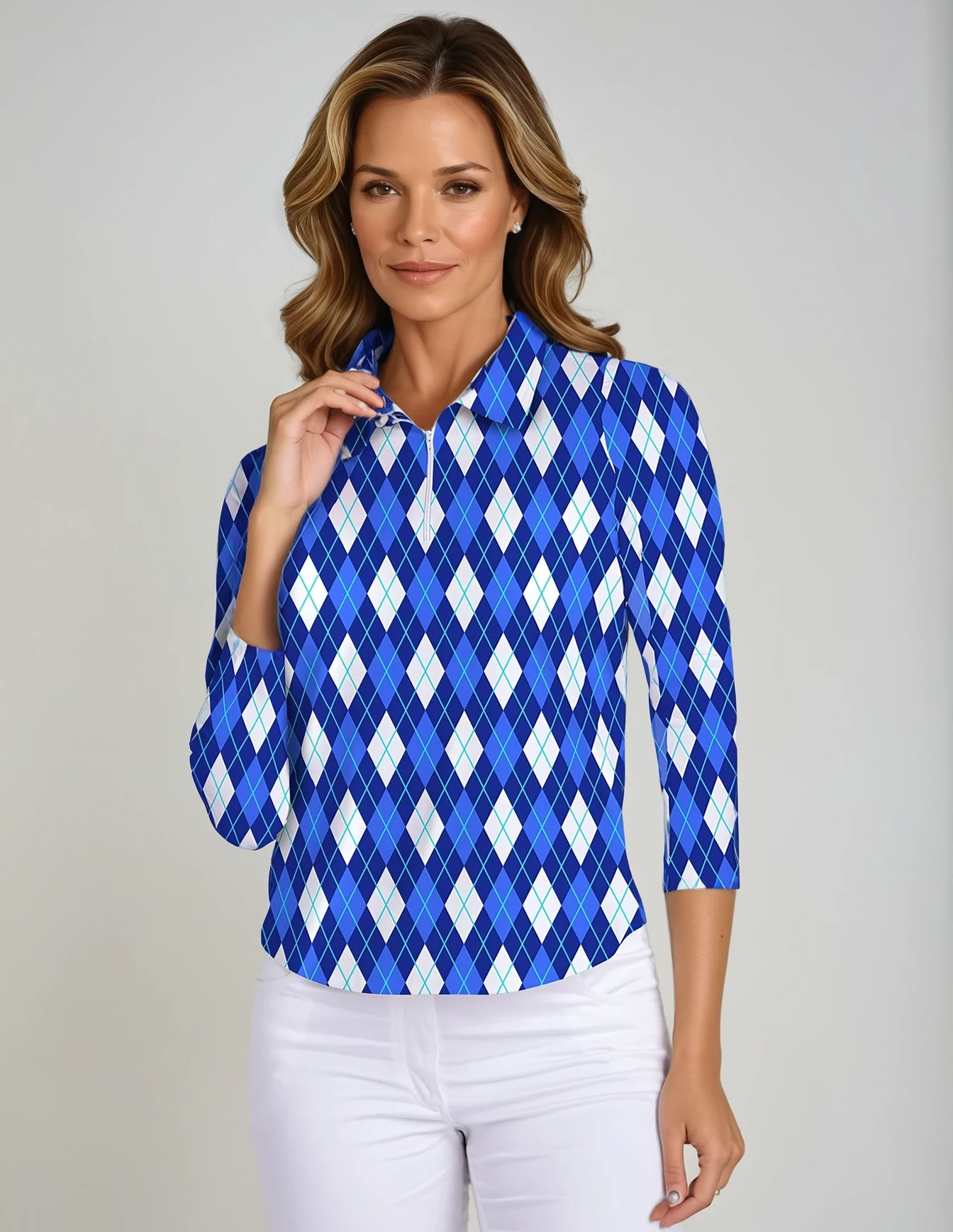 Nylon 3/4 Sleeve Zip Polo Neck Top