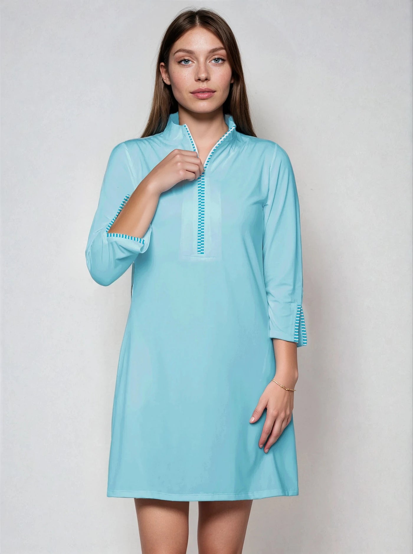 Stripe 3/4 Slit Sleeves Piping Portrait Neckline & Mock Zip Collar
