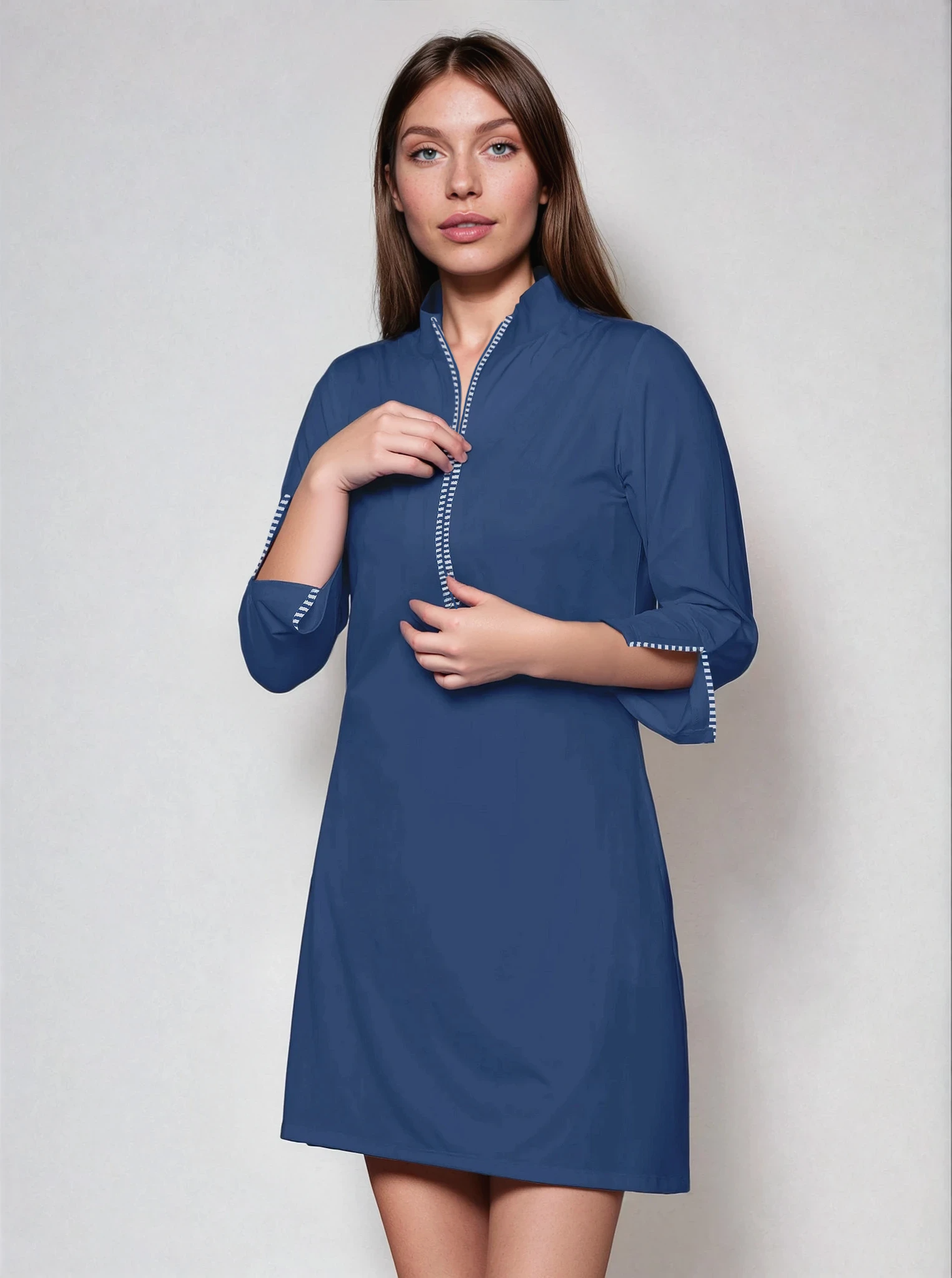 Stripe 3/4 Slit Sleeves Piping Portrait Neckline & Mock Zip Collar