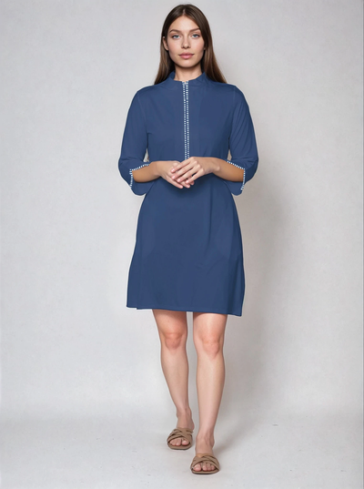 Stripe 3/4 Slit Sleeves Piping Portrait Neckline & Mock Zip Collar