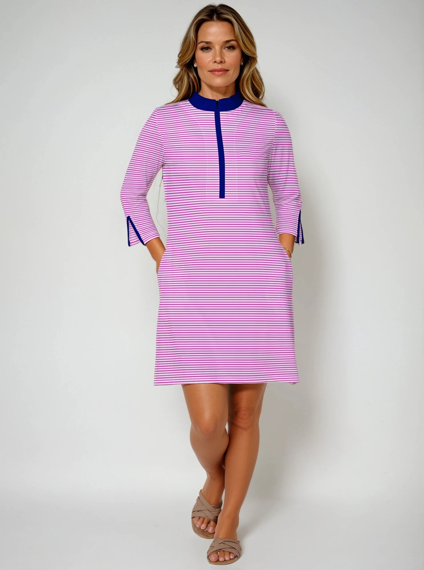 Verona Stripe 3/4 Slit Sleeves Piping Portrait Neckline & Mock Zip Collar