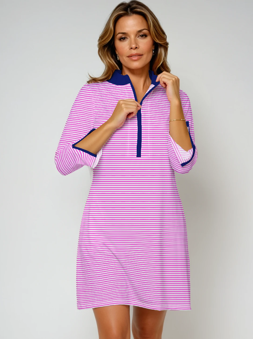 Verona Stripe 3/4 Slit Sleeves Piping Portrait Neckline & Mock Zip Collar