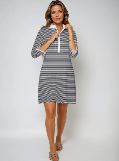Verona Stripe 3/4 Slit Sleeves Piping Portrait Neckline & Mock Zip Collar