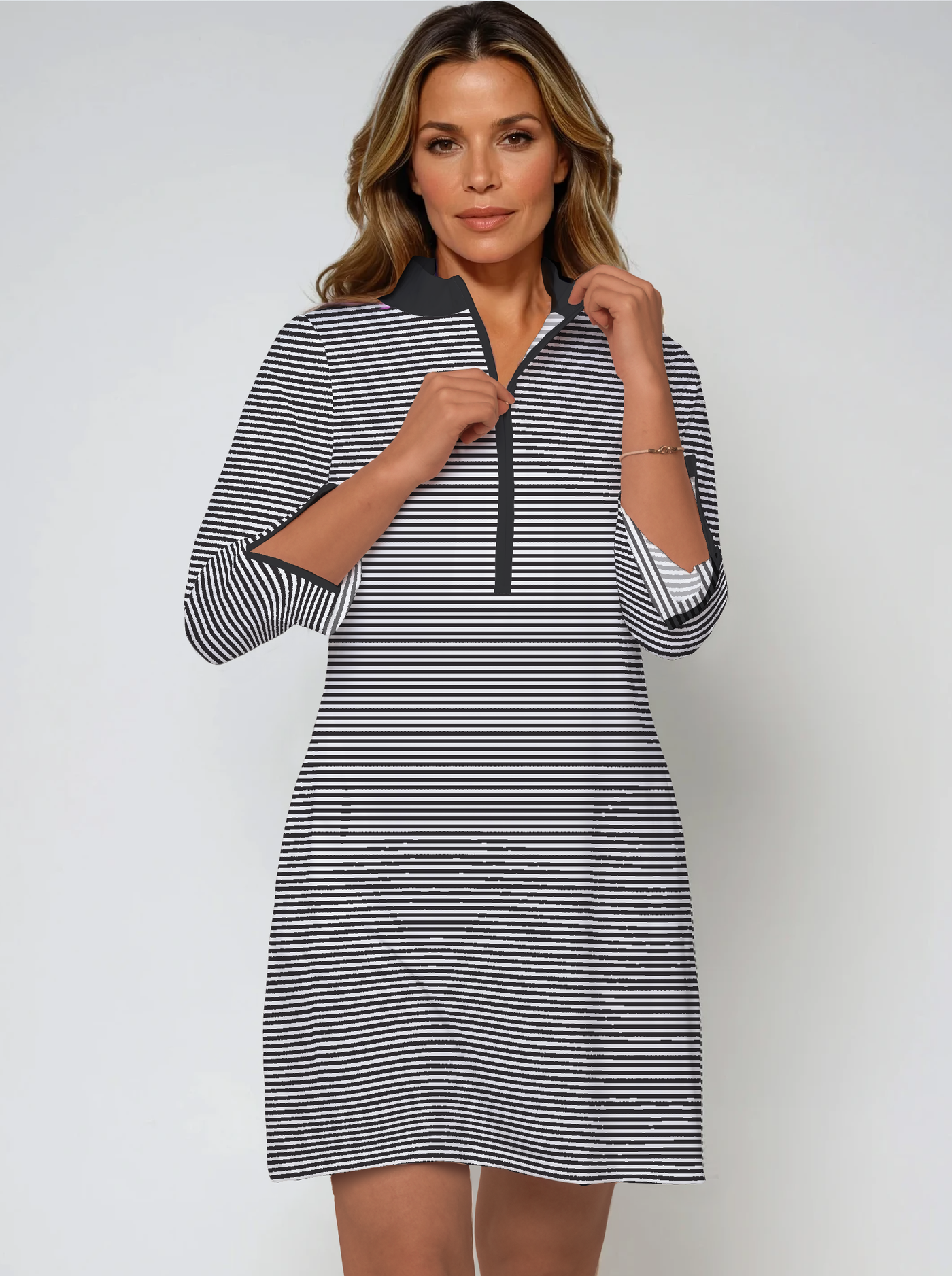 Verona Stripe 3/4 Slit Sleeves Piping Portrait Neckline & Mock Zip Collar