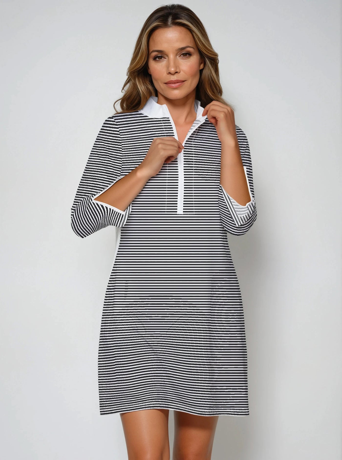 Verona Stripe 3/4 Slit Sleeves Piping Portrait Neckline & Mock Zip Collar