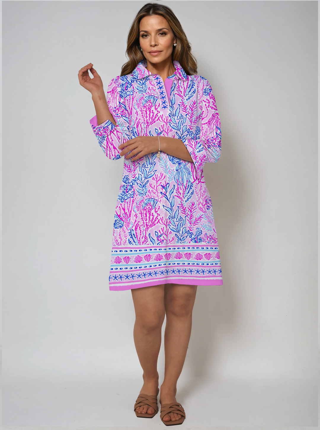 Deep Sea Print Cotton Knit 3/4 Sleeve Polo Neck Dress (Regular Fit)