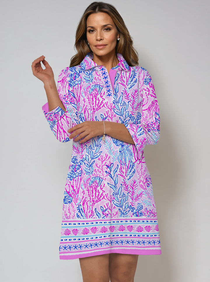 Deep Sea Print Cotton Knit 3/4 Sleeve Polo Neck Dress (Regular Fit)