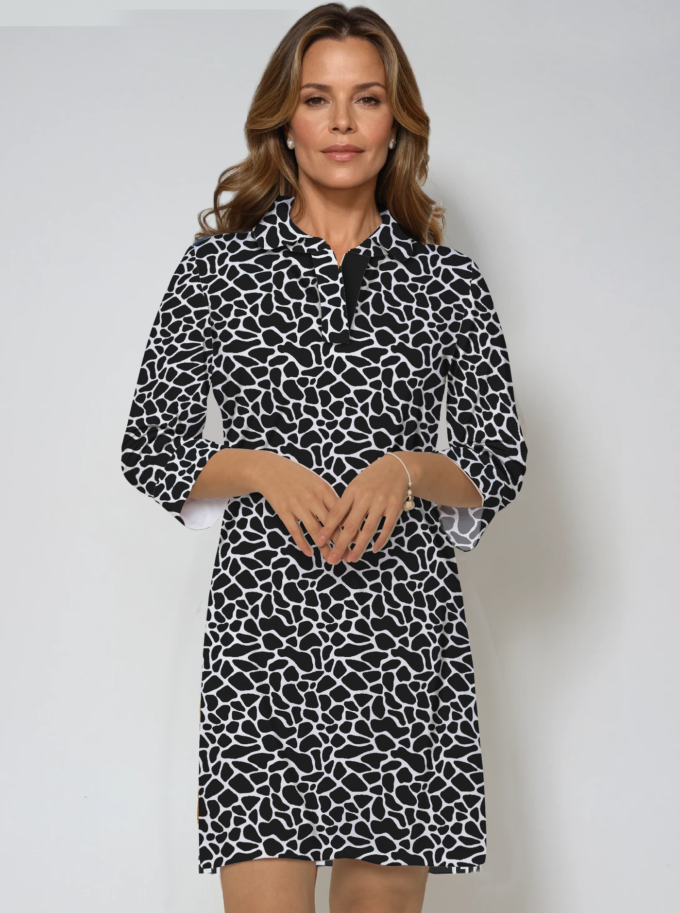 Giraffe Print Cotton Knit 3/4 Sleeve Polo Neck Dress (Regular Fit)