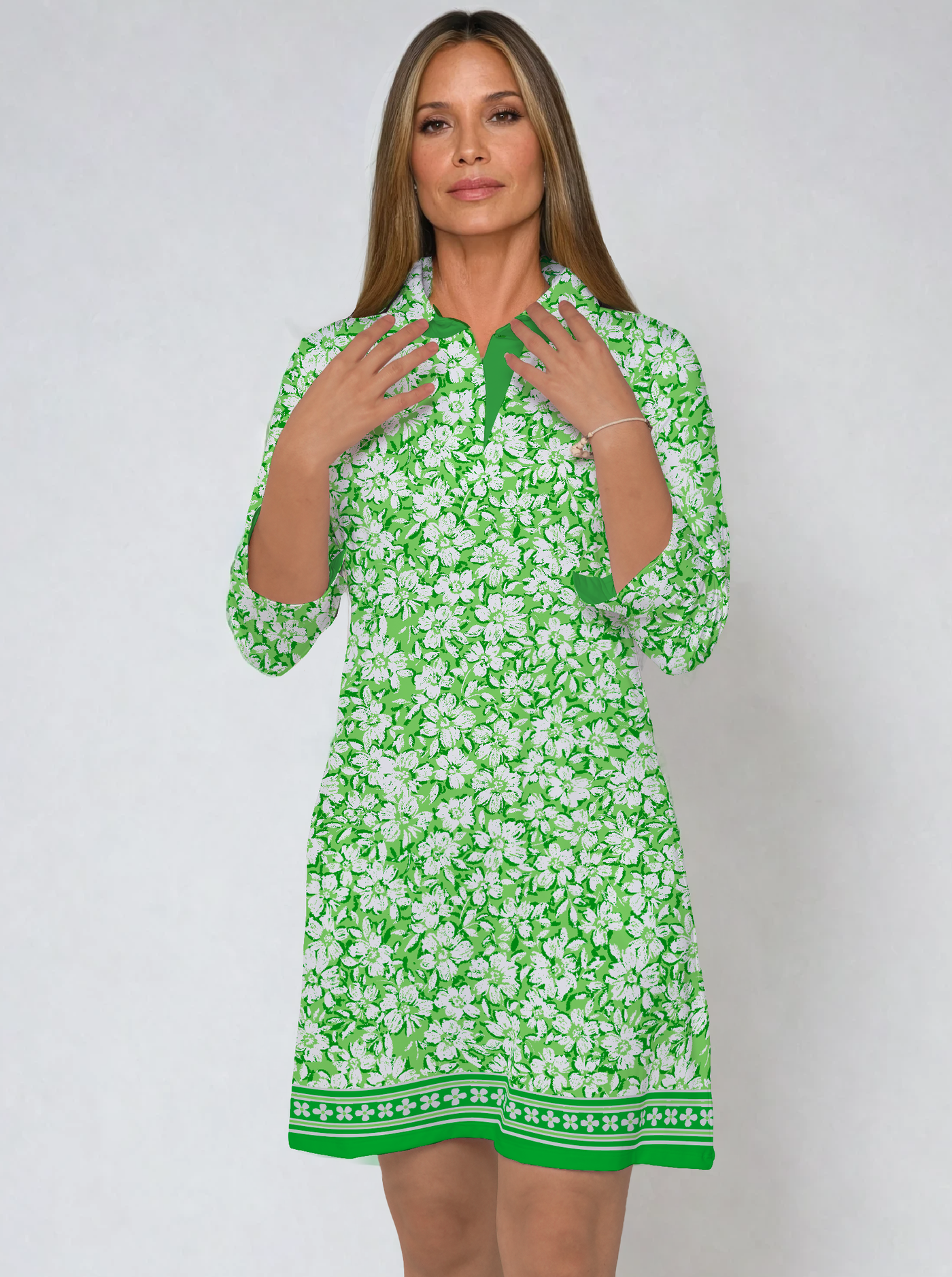 Blossom Flora Print Cotton Knit 3/4 Sleeve Polo Neck Dress