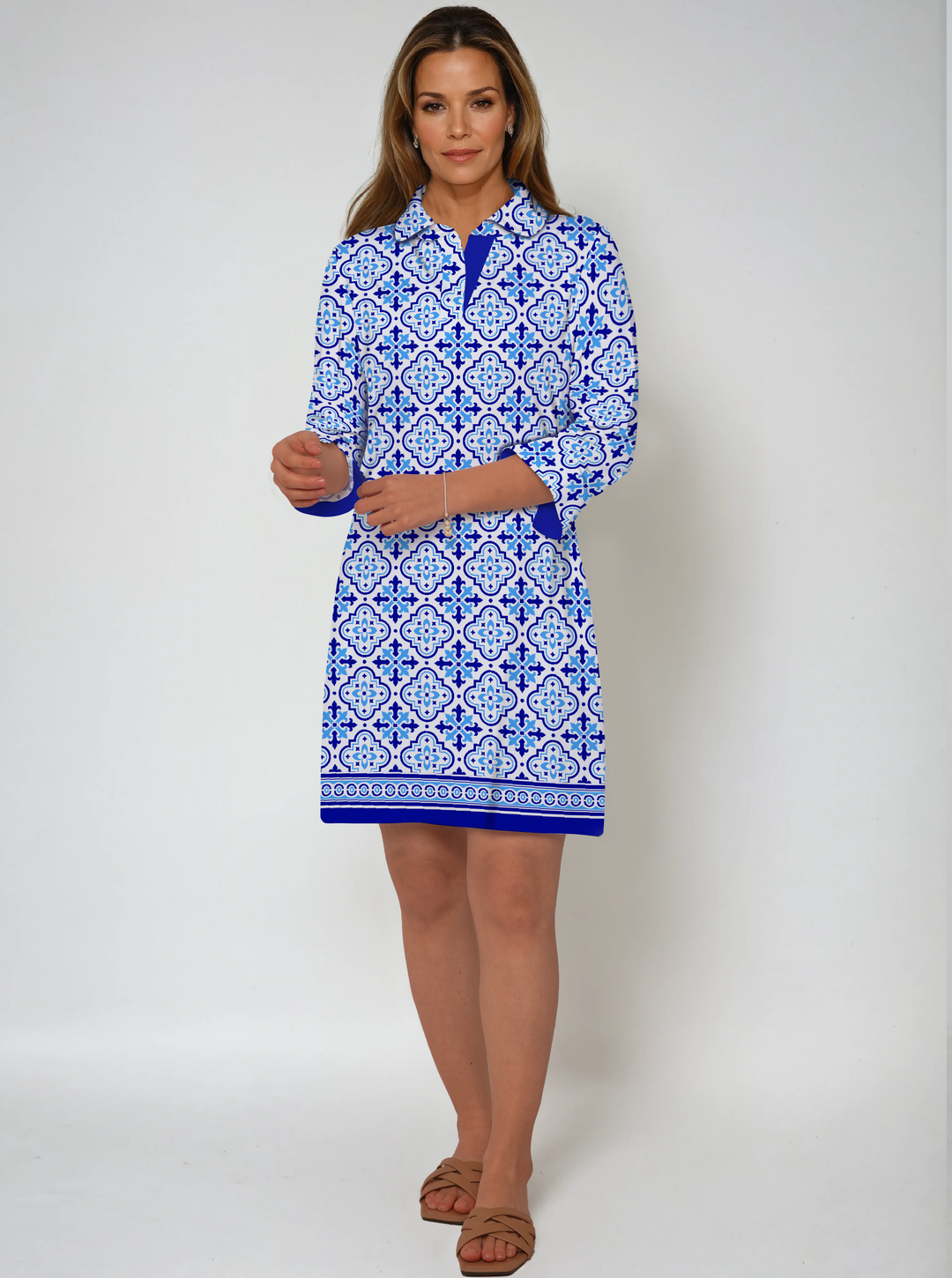 Belinda Print Cotton Knit 3/4 Sleeve Polo Neck Dress