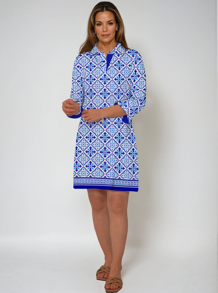 Belinda Print Cotton Knit 3/4 Sleeve Polo Neck Dress