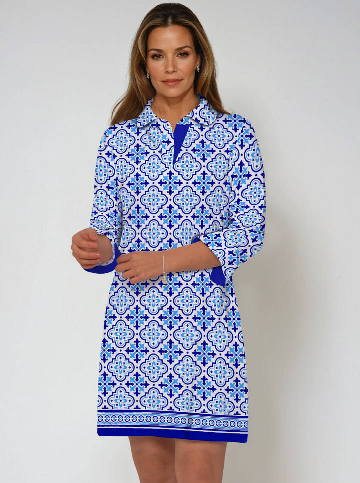 Belinda Print Cotton Knit 3/4 Sleeve Polo Neck Dress