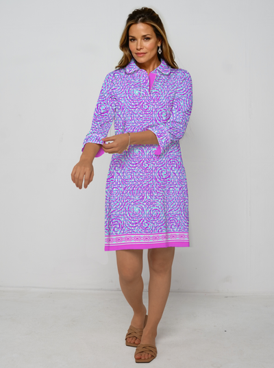 Whirl Wind Print Cotton Knit 3/4 Sleeve Polo Neck Dress