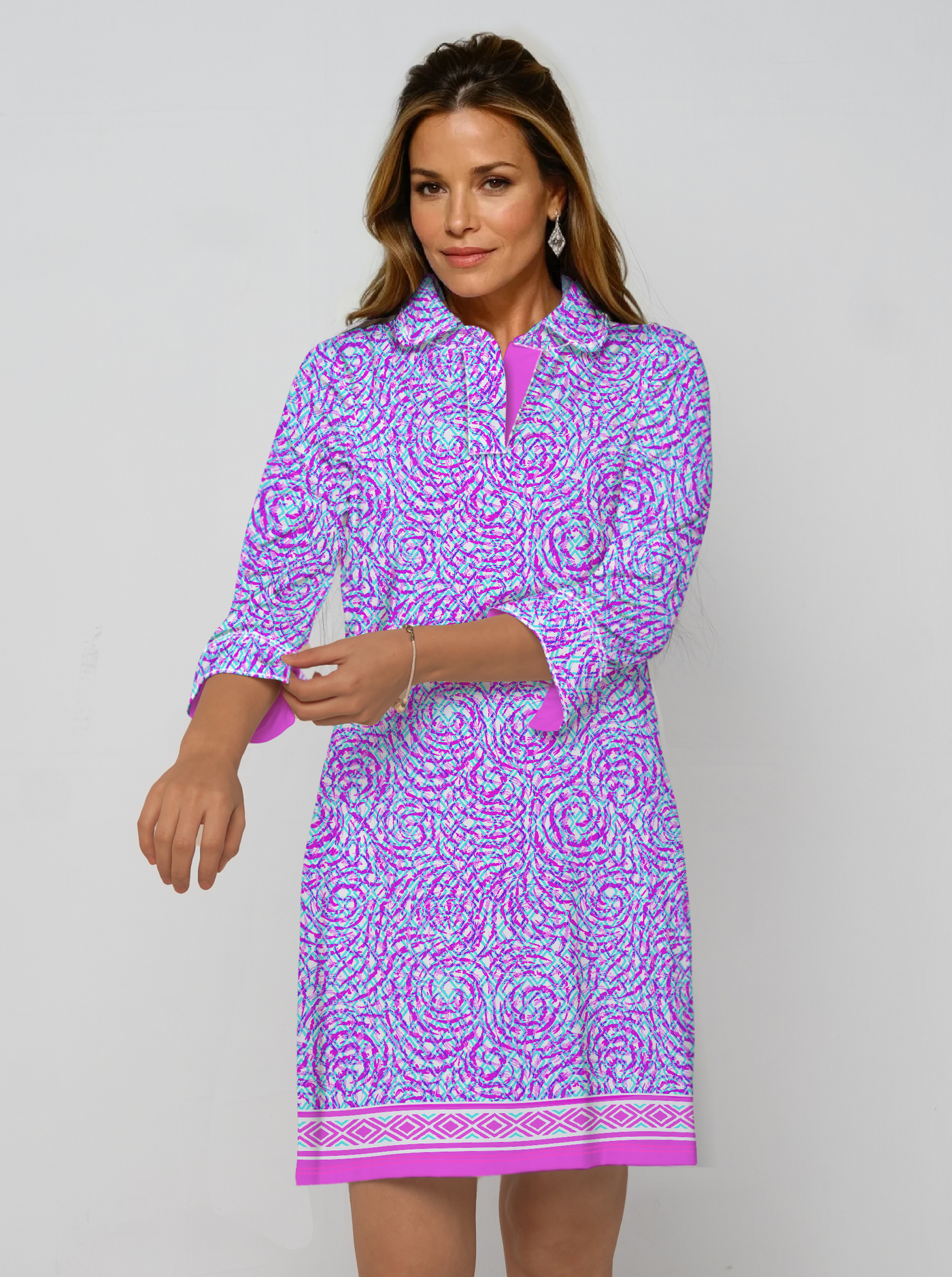 Whirl Wind Print Cotton Knit 3/4 Sleeve Polo Neck Dress