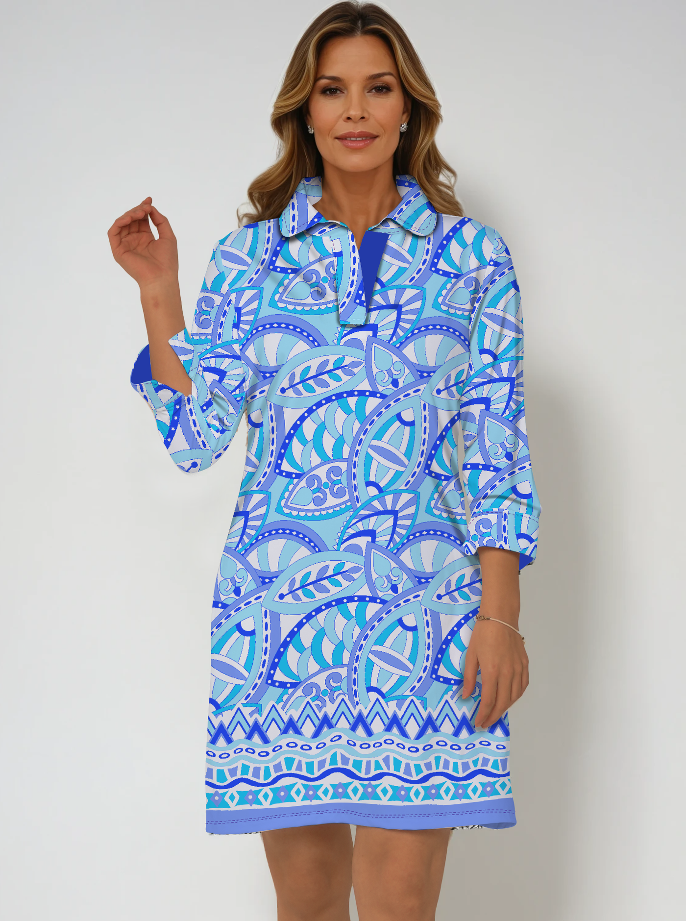 Valencia Print Cotton Knit 3/4 Sleeve Polo Neck Dress (Regular Fit)