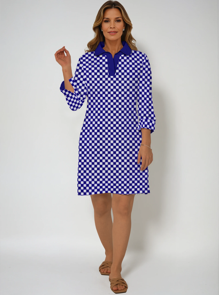 Checkboard Print Cotton Knit 3/4 Sleeve Polo Neck Dress (Regular Fit)