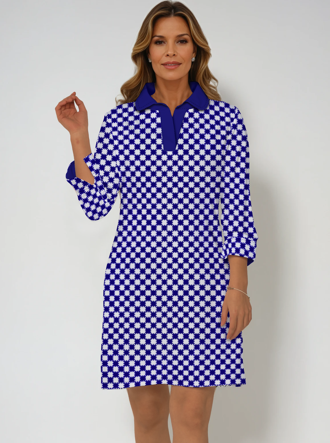 Checkboard Print Cotton Knit 3/4 Sleeve Polo Neck Dress (Regular Fit)