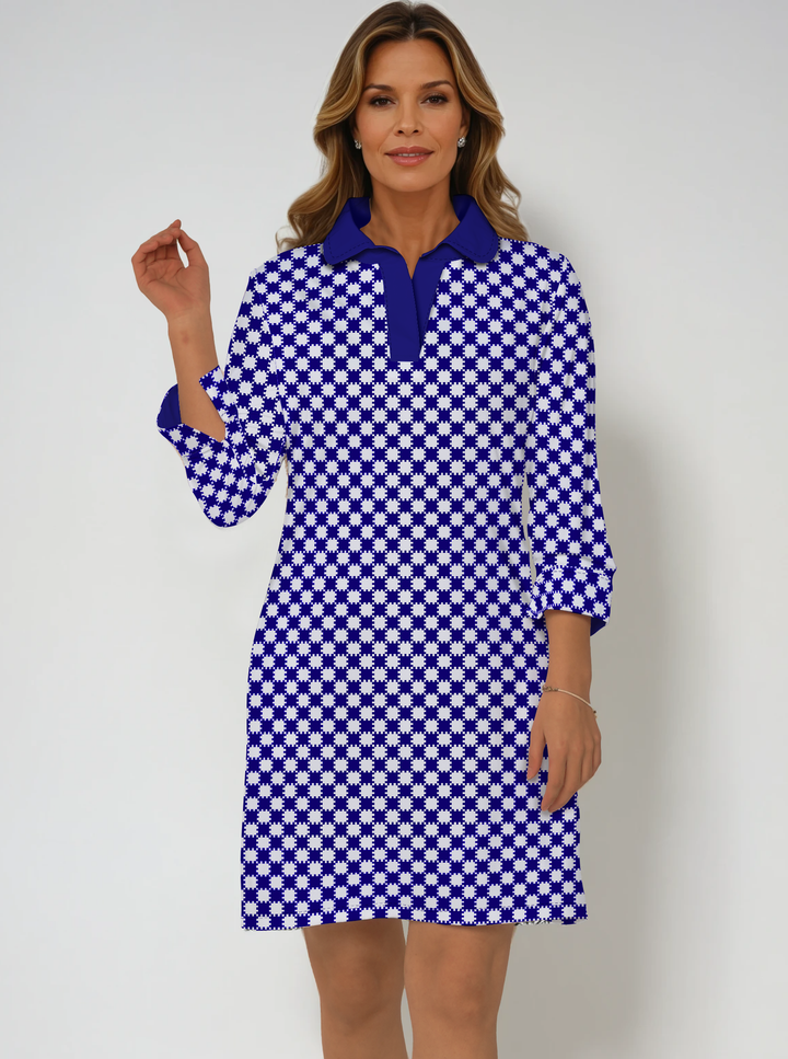 Checkboard Print Cotton Knit 3/4 Sleeve Polo Neck Dress (Regular Fit)